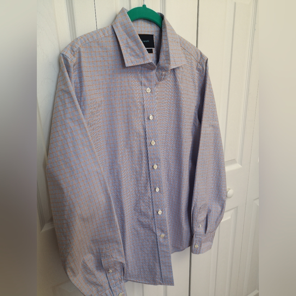 Façonnable Men’s L Orange Blue Check Button-Front Shirt 100% Cotton
